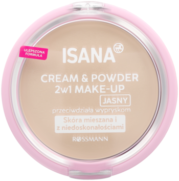 ISANA CREAM & POWDER 2w1 MAKE-UP jasny, matujący puder w różowym kompakcie, na skórę mieszaną i z niedoskonałościami.