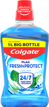 Niebieska butelka Colgate Plax Fresh & Protect, 1L, 0% alkoholu, płynu do płukania jamy ustnej Cool Mint, widok z przodu.