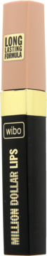 Wibo Million Dollar Lips, matowa pomadka w płynie. Czarna tubka ze złotym paskiem, beżowa skuwka, napis LONG LASTING FORMULA, widok z przodu.