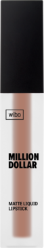Wibo Million Dollar Matowa Pomadka w Płynie, jasne opakowanie z czarną zakrętką, odcień nude, widok z przodu.