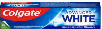 Colgate Advanced White pasta do zębów w niebieskim opakowaniu, z białym napisem, widok z przodu, obietnica bielszych zębów.