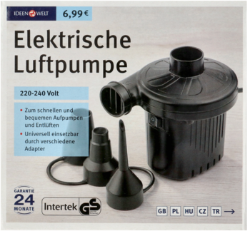 Czarna elektryczna pompka Ideenwelt 220-240V z trzema adapterami na białym opakowaniu. Widok z przodu.