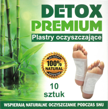 Detox Premium, oczyszczające plastry na stopy, zielone opakowanie z bambusem i stopami, napis '100% NATURAL'.