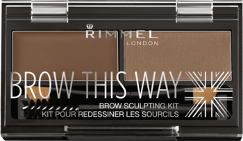 Rimmel Brow This Way Medium Brown kit do brwi, czarny kompakt z dwoma brązowymi panami: wosk i cień, pędzelek.