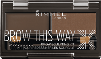 Rimmel Brow This Way Dark Brown, otwarty kompakt z dwoma brązowymi cieniami do brwi, widać napis, widok z góry.