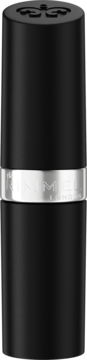 Czarna szminka Rimmel Lasting Finish 006 Pink Blush. Matowa tuba z metalowym paskiem Rimmel, logo na wieczku, widok z przodu.