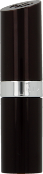 Ciemna tubka satynowej pomadki Rimmel Lasting Finish, srebrny pasek z logo, widok z przodu.