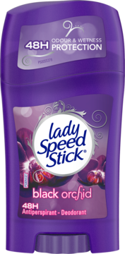Fioletowy dezodorant w sztyfcie Lady Speed Stick Black Orchid, przód opakowania, 48h ochrona.