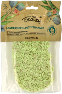 Zielona gąbka peelingująca Rossmann 'Bambus Peeling Schwamm', z widoczną porowatą strukturą i cząstkami.