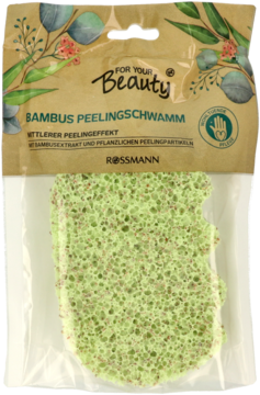 Zielona gąbka peelingująca Rossmann 'Bambus Peeling Schwamm', z widoczną porowatą strukturą i cząstkami.