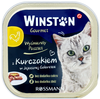 Winston Gourmet karma dla kota, pasztet z kurczakiem w galaretce, bez cukru i zbóż, z wizerunkiem kota, widok z góry.