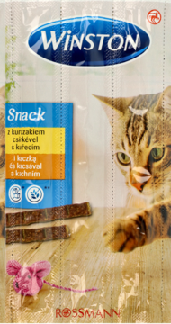Foliowe opakowanie Winston Snack, delikatne kiełbaski z kurczakiem i kaczką dla kota, z kotem i myszą na froncie.