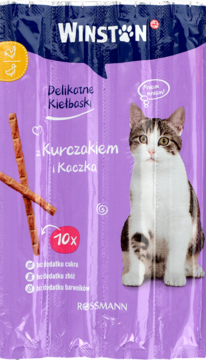 Fioletowe opakowanie Winston Delikatne Kiełbaski dla kotów, z kurczakiem i kaczką, z kotem na froncie.