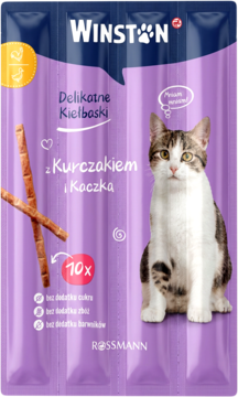 Fioletowe opakowanie Winston Delikatne Kiełbaski dla kotów z kurczakiem i kaczką, z kotem i smakołykami.