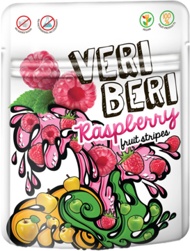 Białe opakowanie Veri Beri żelki malinowe 100% owocowe. Ilustracja malin, jabłek i sokowych plam.