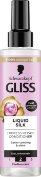 Różowy Schwarzkopf GLISS Liquid Silk Express Repair Conditioner, z przodu. Do włosów matowych, z ochroną termiczną.