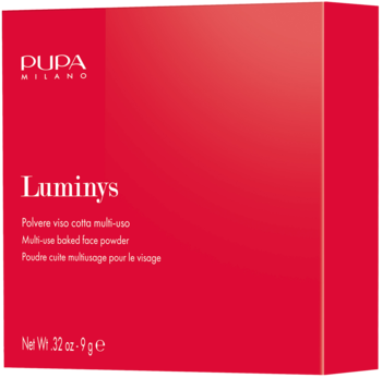 Czerwone opakowanie pudru PUPA MILANO Luminys, multi-use baked face powder, ujęcie z przodu i z boku.