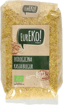 Przezroczysta torba Eureko! z ekologiczną kaszą bulgur, widoczna złota tekstura ziaren i brązowa etykieta.