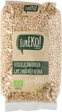 Przezroczysta torebka ekologicznej kaszy gryczanej niepalonej EUReko!, z widocznym zielonym logo BIO, stoi pionowo.