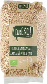 Przezroczysta torebka ekologicznej kaszy gryczanej niepalonej EUReko!, z widocznym zielonym logo BIO, stoi pionowo.