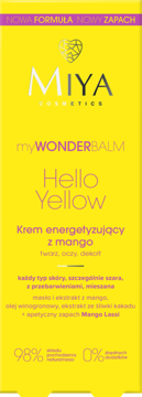 Żółte opakowanie kremu Miya myWONDERBALM Hello Yellow z mango, widok z przodu, purpurowe napisy i logo.