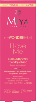 Różowy Miya myWONDERBALM I Love Me krem odżywczy z wodą różaną, z przodu, nowa formuła, zapach Rose Lemonade.