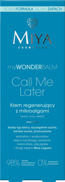 Niebieski krem regenerujący Miya Call Me Later z mikroalgami, widok z przodu, białe napisy, nowa formuła.