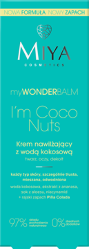 Miya myWONDERBALM I'm Coco Nuts, turkusowy krem nawilżający z wodą kokosową, opakowanie z przodu, zapach Piña Colada.