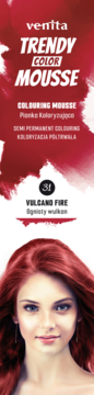 Venita Trendy Color Mousse Vulcano Fire, półtrwała pianka koloryzująca. Opakowanie z modelką o ognistoczerwonych włosach.