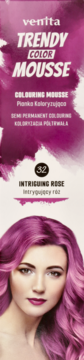 Venita Trendy Color Mousse Intrygujący Róż, różowa pianka do koloryzacji włosów, z kobietą o fioletowo-różowych włosach.