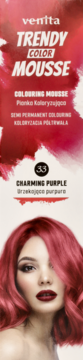 Venita Trendy Color Mousse Charming Purple, półtrwała pianka do włosów z modelką o rudych włosach.