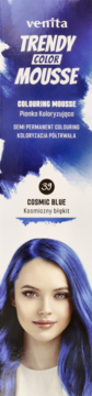 Venita Trendy Color Mousse Cosmic Blue 33, półtrwała pianka koloryzująca, biało-niebieskie opakowanie z modelką.