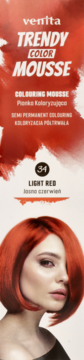 Venita Trendy Color Mousse Light Red, semi-permanent hair coloring, vertical packaging with model's red hair.