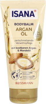 Isana balsam do ciała arganowo-migdałowy w kremowej tubce ze złotymi akcentami i grafiką. Widok przód.