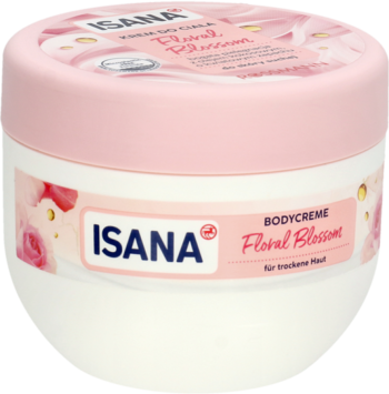 Krem do ciała ISANA Floral Blossom dla suchej skóry w białym słoiku z różową pokrywką, widok z góry.