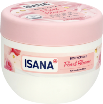 Krem do ciała ISANA Floral Blossom dla suchej skóry w białym słoiku z różową pokrywką, widok z góry.
