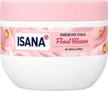 Isana Floral Blossom, krem do ciała w białym słoiczku z różową nakrętką, do suchej skóry, widok z przodu.