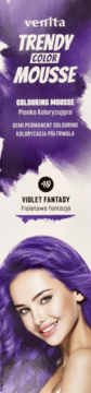 Venita Trendy Color Mousse 40 Violet Fantasy, fioletowa półtrwała pianka do włosów, z uśmiechniętą kobietą.