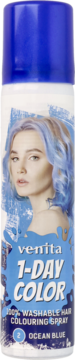 Venita 1-Day Color, niebieski zmywalny spray do włosów Ocean Blue w puszce, modelka z błękitnymi włosami.
