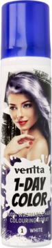 Spray do włosów Venita 1-Day Color, biały, z niebieską nakrętką, z wizerunkiem kobiety o srebrnych włosach, widok z przodu.