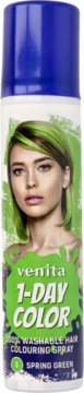 Venita 1-Day Color spray Spring Green, biała puszka z niebieskim korkiem, widok z przodu z modelką na etykiecie.