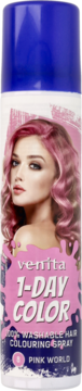 Venita 1-Day Color Pink World, koloryzujący spray do włosów, biała puszka, modelka z różowymi włosami, widok z przodu.