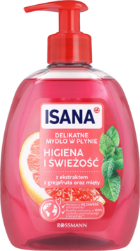 ISANA Delikatne Mydło w Płynie z grejpfrutem i miętą, różowa butelka z pompką, widok z przodu.