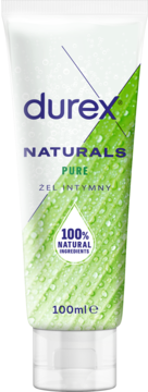 Biała tubka żelu Durex Naturals Pure 100ml, z zielonym liściem i kroplami wody, z napisem 100% natural.