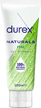 Biała tubka żelu Durex Naturals Pure 100ml, z zielonym liściem i kroplami wody, z napisem 100% natural.