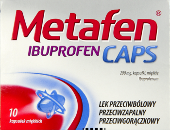 Białe pudełko Metafen Ibuprofen Caps 200mg, lek przeciwbólowy z ibuprofenem, 10 kapsułek miękkich, widok z przodu.