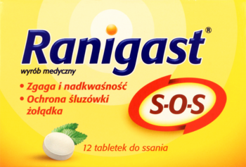 Ranigast S-O-S, tabletki do ssania na zgagę, żółte opakowanie z niebieskim logo i białą miętową tabletką.