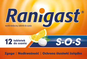Przód pomarańczowego opakowania Ranigast S-O-S, 12 tabletek do ssania na zgagę, z cytryną i tabletkami.