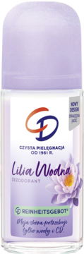 CD Lilia Wodna dezodorant roll-on, biała etykieta z fioletową lilią wodną i fioletową nakrętką, widok z przodu.