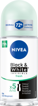 NIVEA Black & White Fresh 72h antyperspirant roll-on 50 ml, clear bottle z zieloną nakrętką, z przodu.